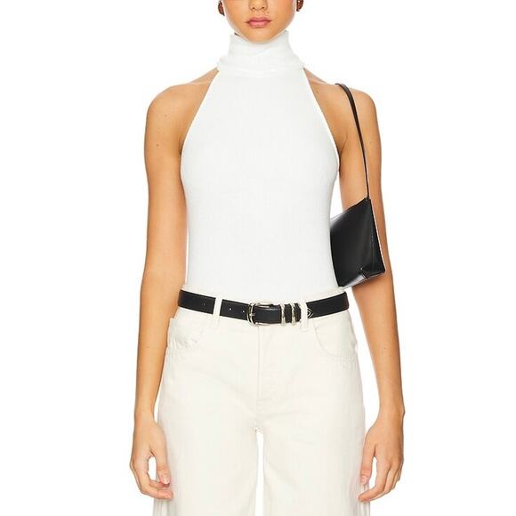 ENZA COSTA Knit Halter Turtleneck Womens Large Winter White Sleeveless Rib NEW - Picture 1 of 16
